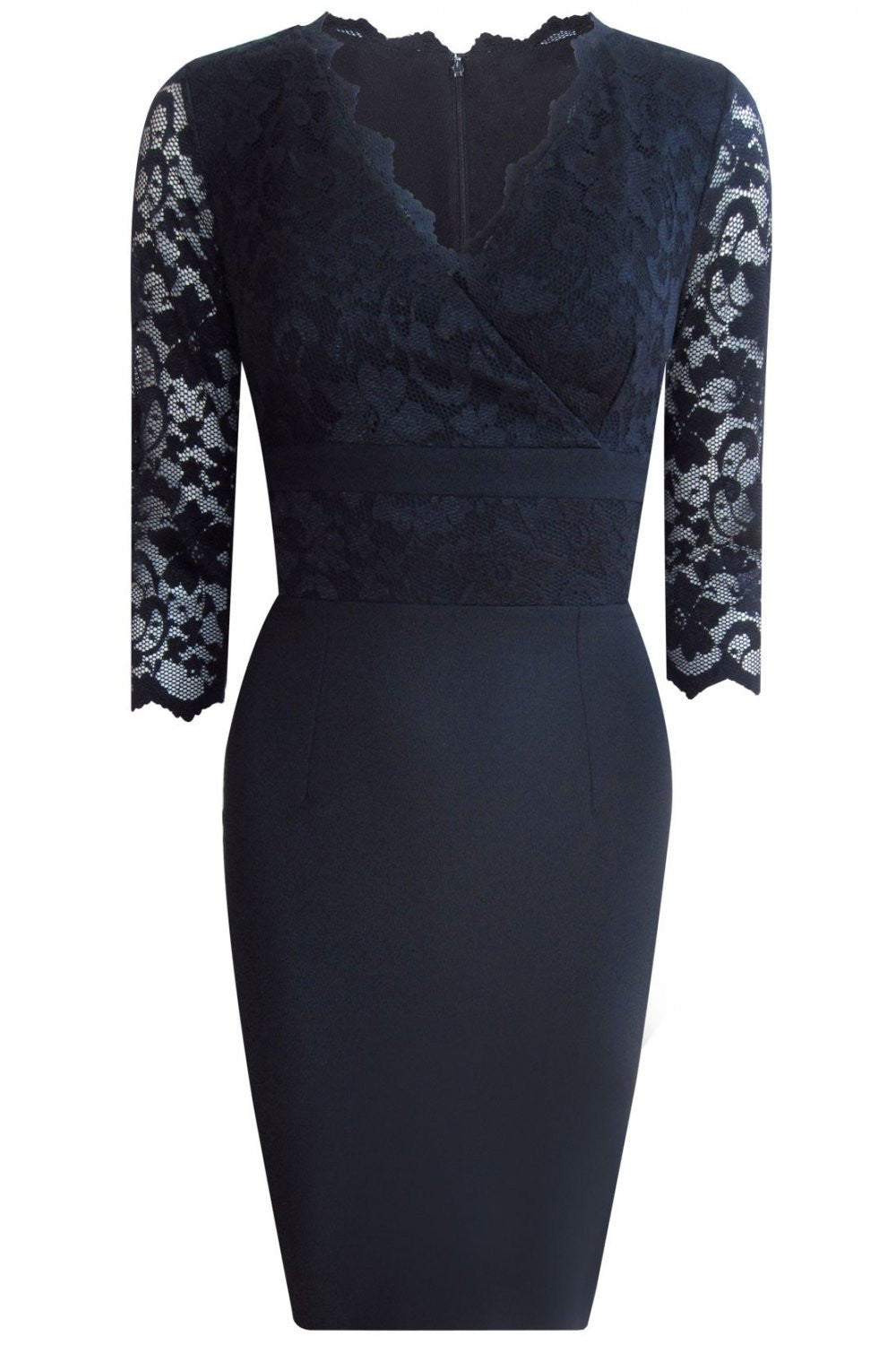 Model wearing the Diva Ivana Lace dress in pencil dress design in navy blue front image