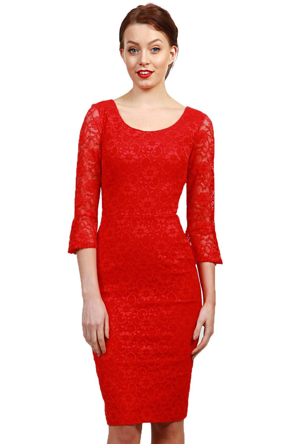 Model wearing the Diva Beatrice lace dress with round neck and pleated cuff in red lace front image