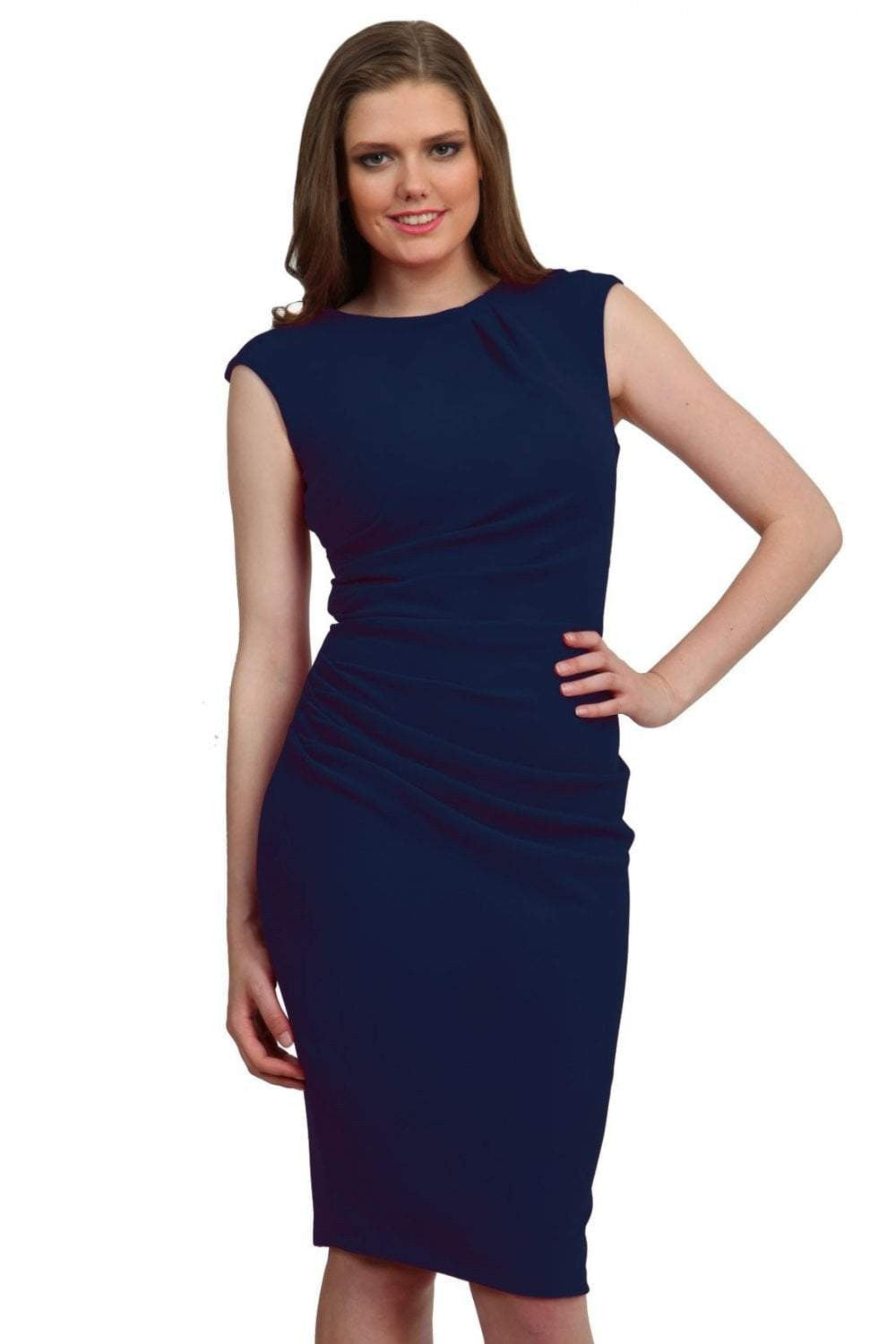 Model wearing the Diva Carla Pencil dress in ribbed super stretch fabric in navy blue front image