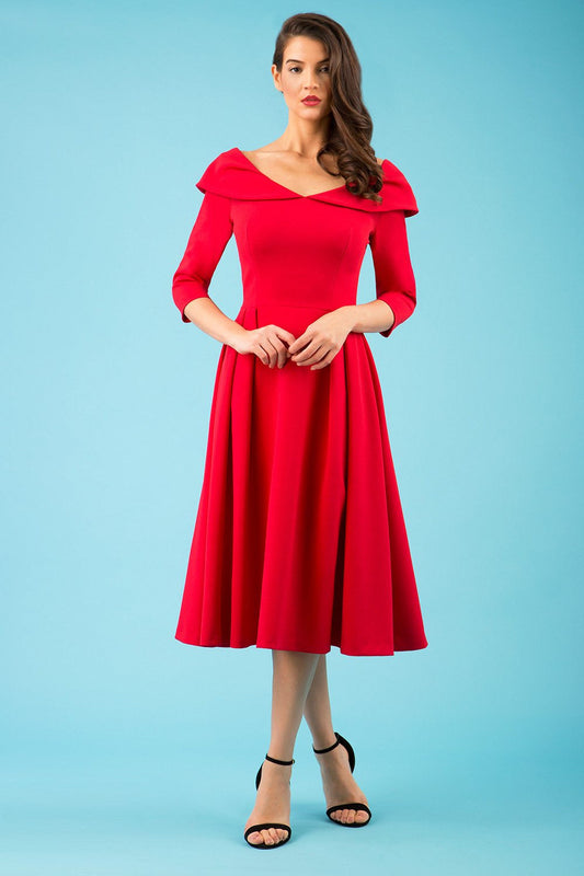 Model wearing Diva Catwalk Chesterton Sleeved dress with oversized collar detail and a-line swing pleated skirt in colour red front