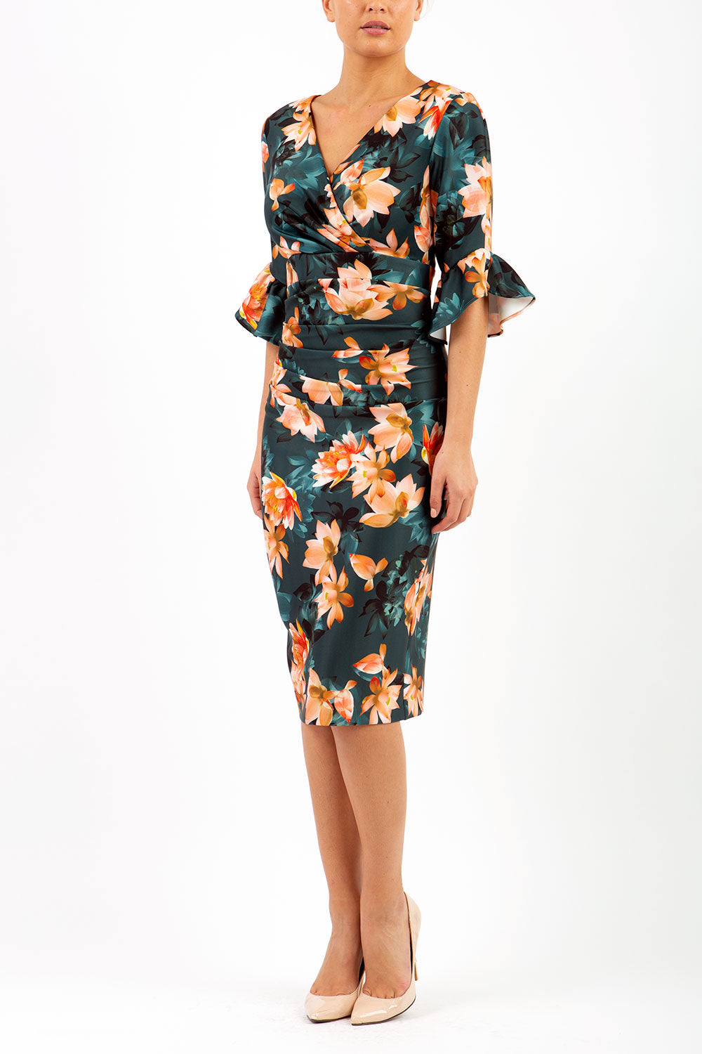 model wearing diva catwalk Ellen Contour Stretch Print Dress in Waterlily Print