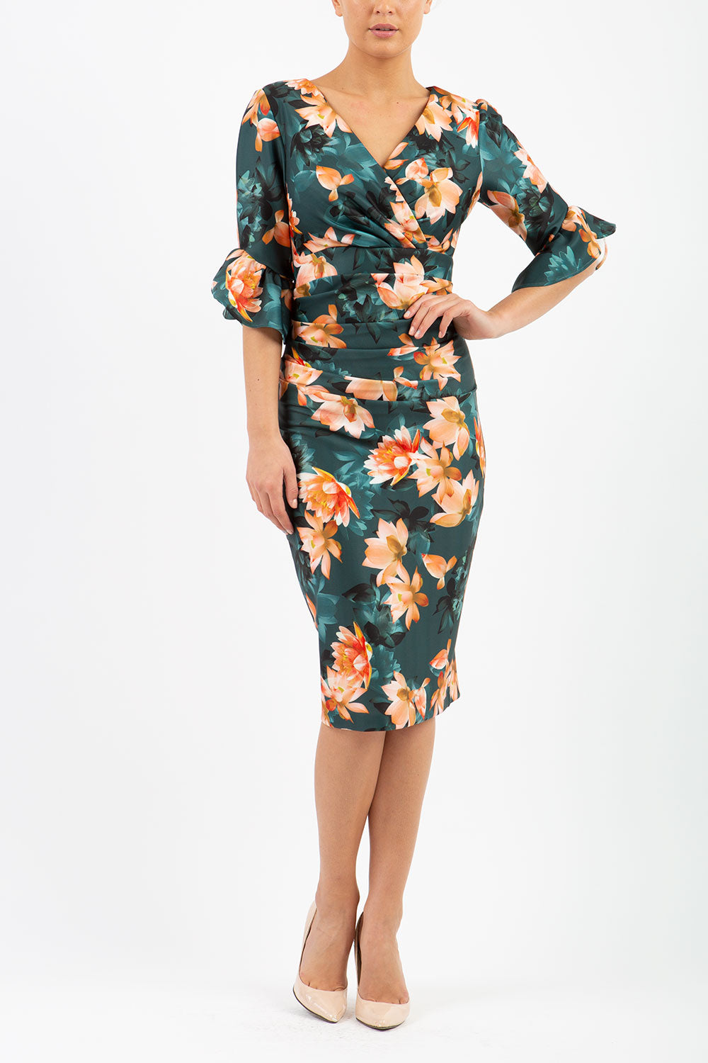 model wearing diva catwalk Ellen Contour Stretch Print Dress in Waterlily Print