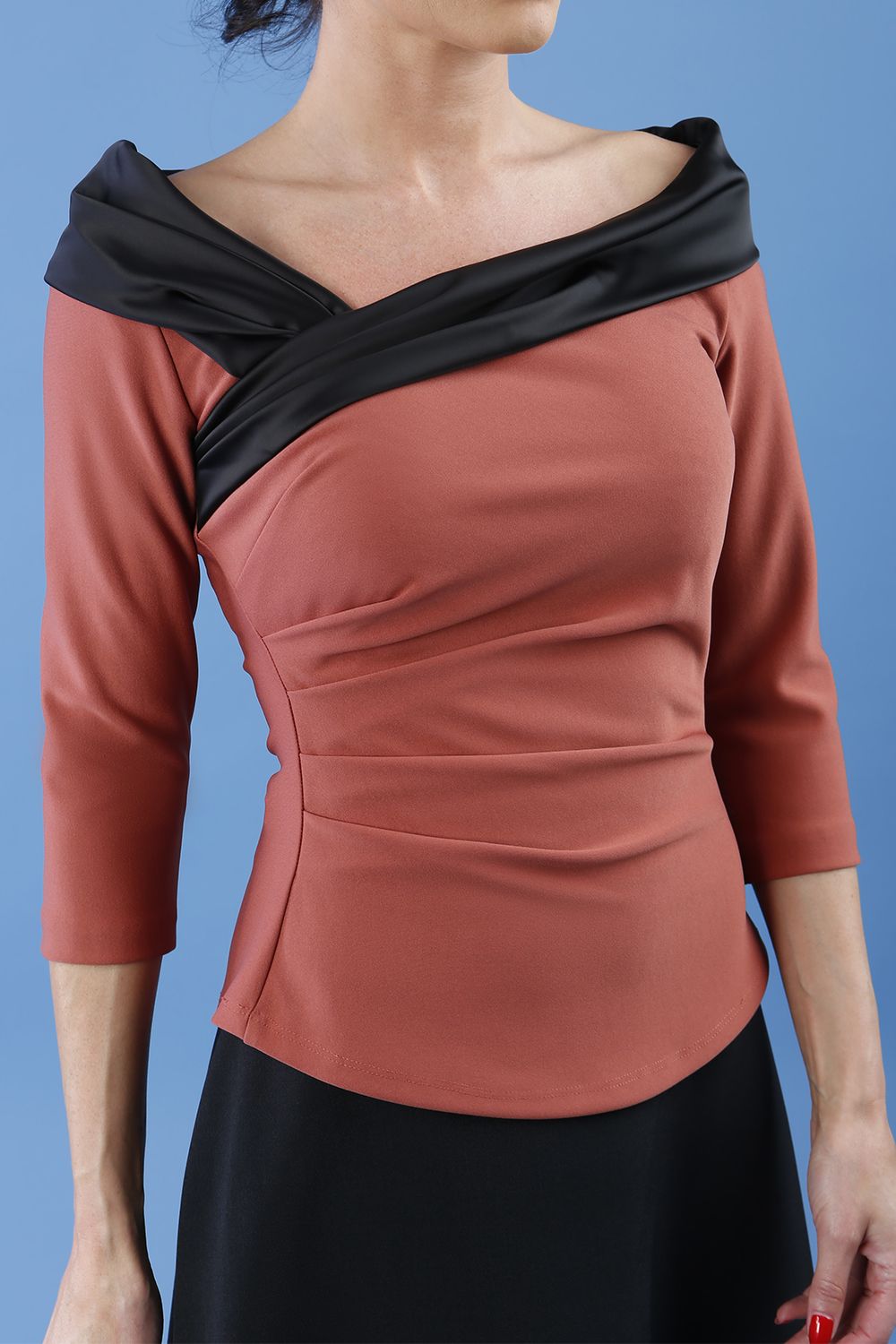 Diva Pleated Felicity 3/4 Sleeved Top With Duchess Satin Neckline Detail In Brown Front