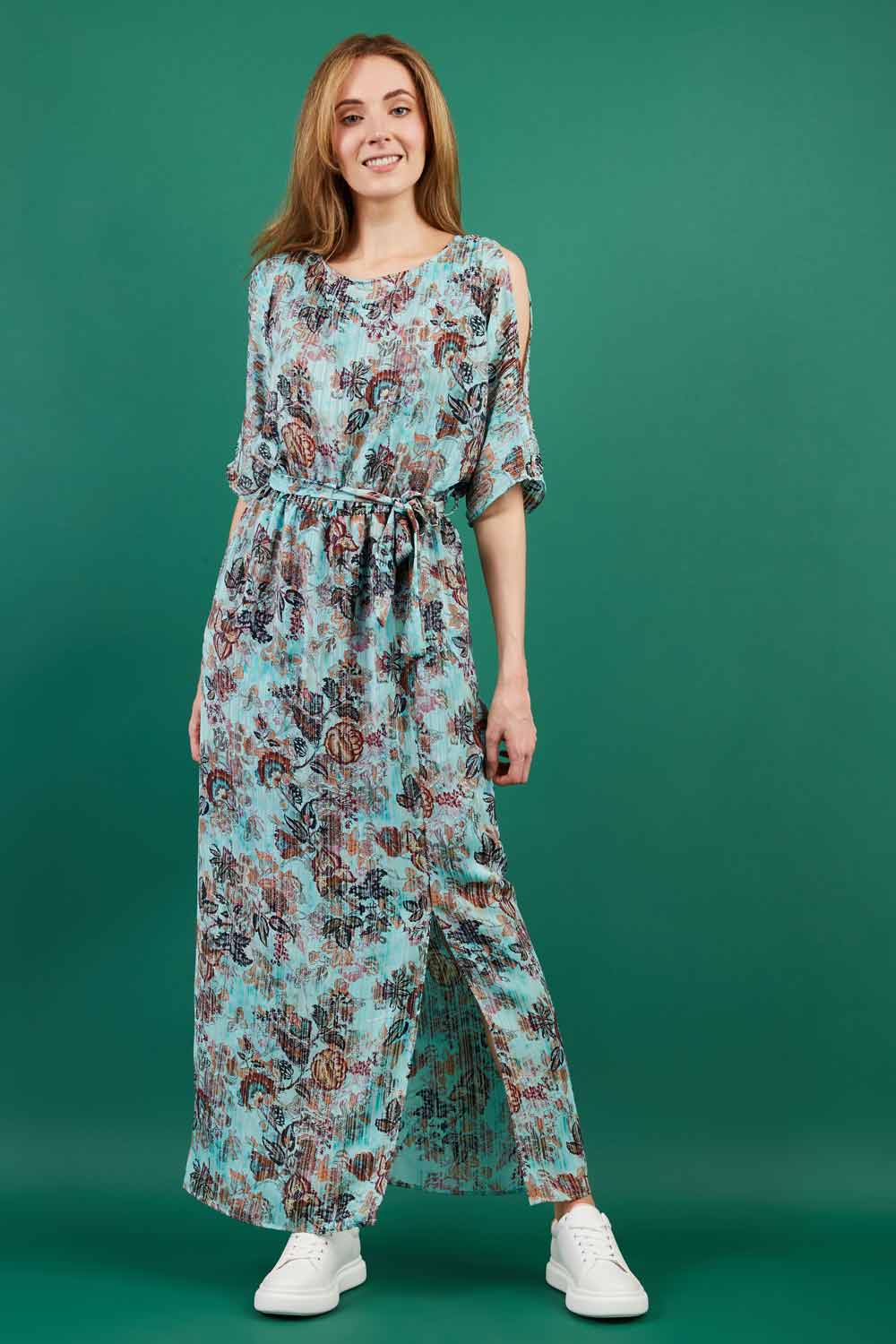 model is wearing diva catwalk maxi summer dress with short sleeve and a belt detail in pale blue print front