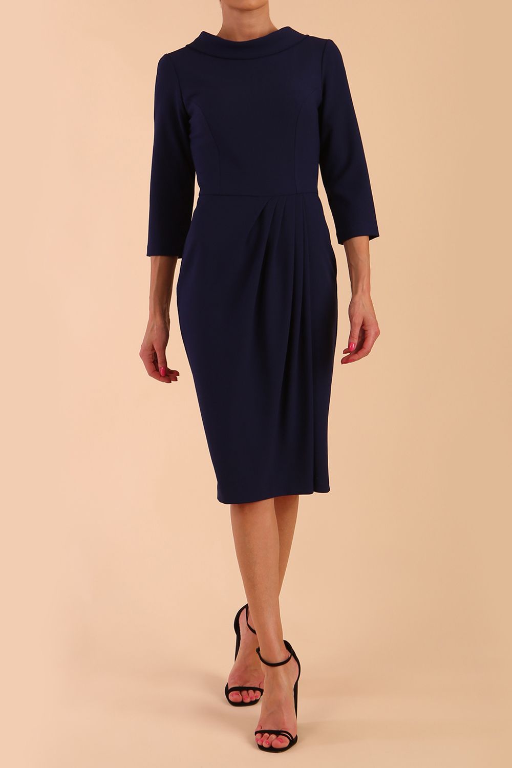 Model wearing diva catwalk Hazel pencil skirt dress with 3/4 sleeved in Navy Blue