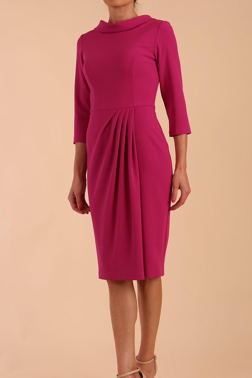 Model wearing diva catwalk Hazel pencil skirt dress with 3/4 sleeved in Magenta Haze