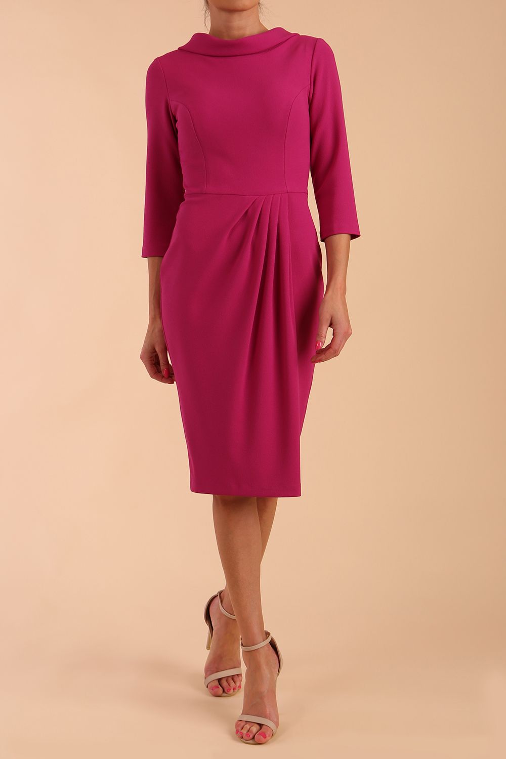 Model wearing diva catwalk Hazel pencil skirt dress with 3/4 sleeved in Magenta Haze