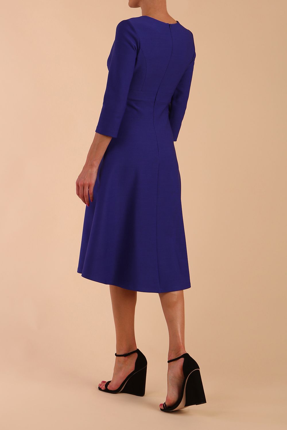 Model wearing diva catwalk Gresham 3/4 Sleeve Knee Length A-Line Dress in Palace Blue back