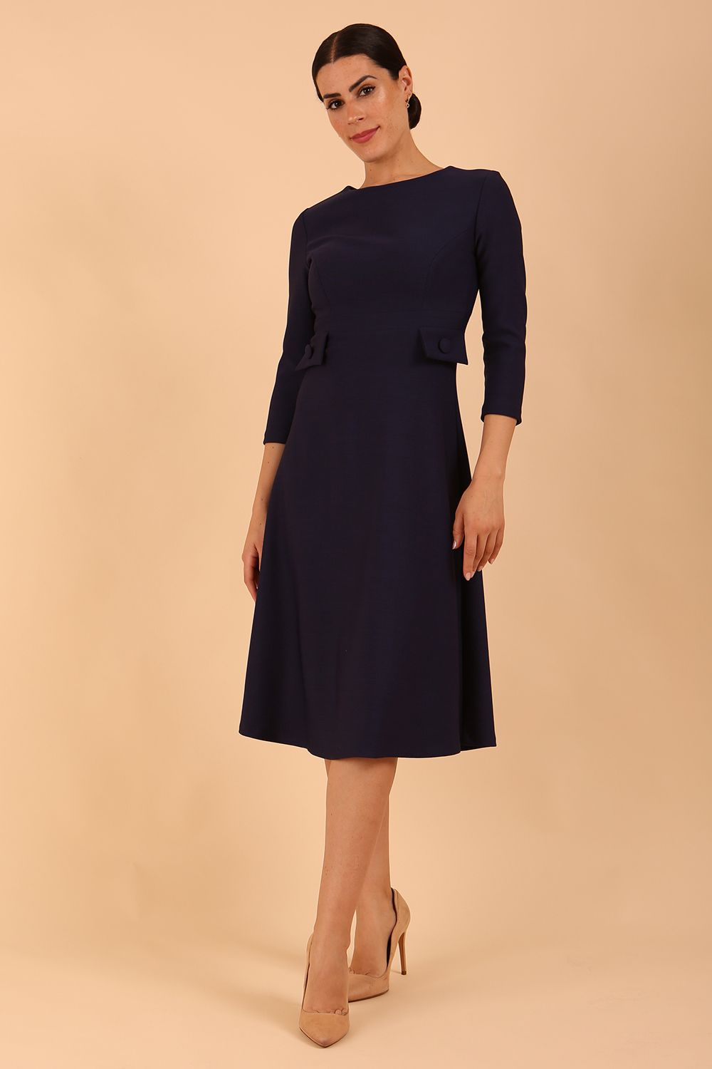 Model wearing diva catwalk Gresham 3/4 Sleeve Knee Length A-Line Dress in Navy Blue front