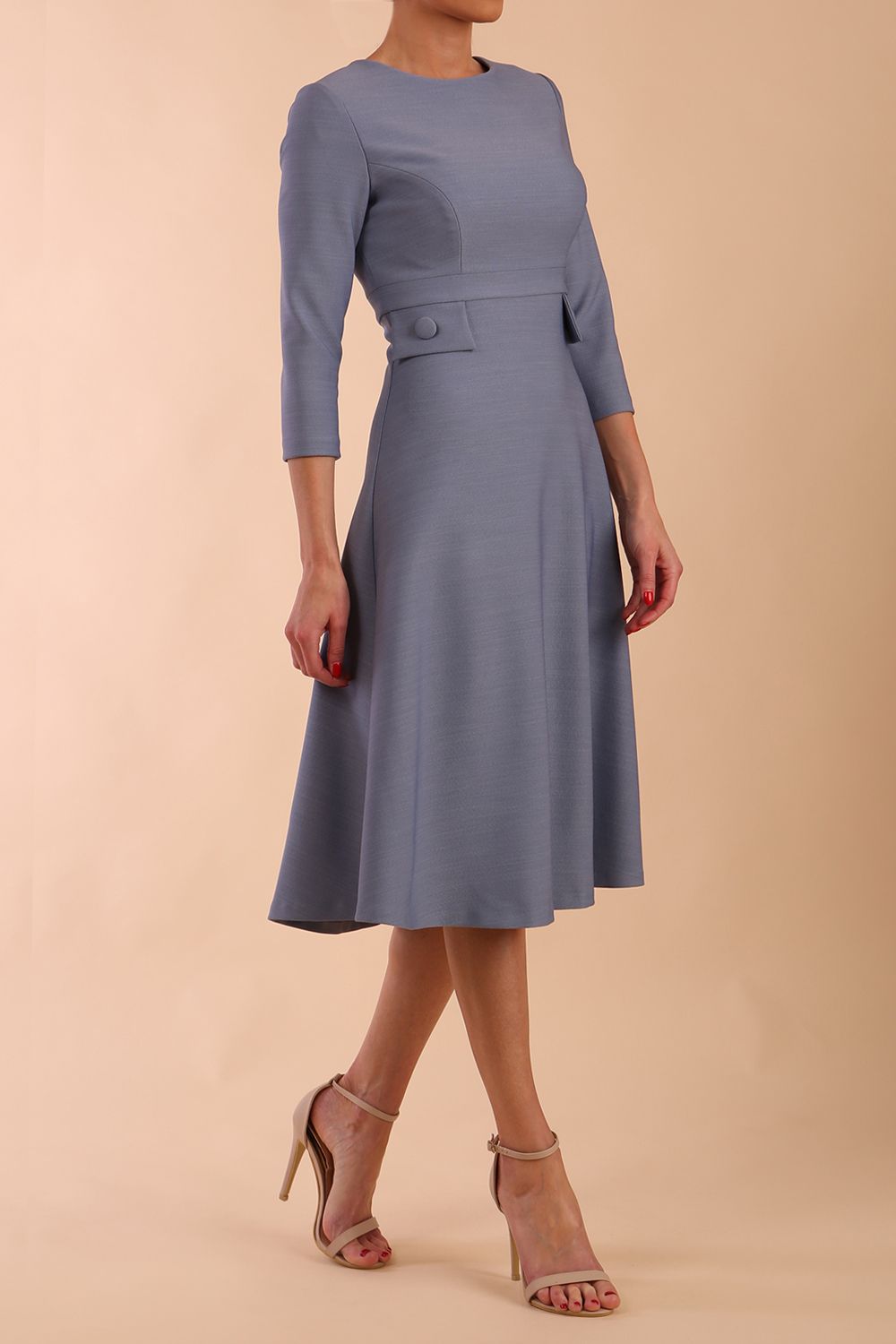 Model wearing diva catwalk Gresham 3/4 Sleeve Knee Length A-Line Dress in Steel Blue side