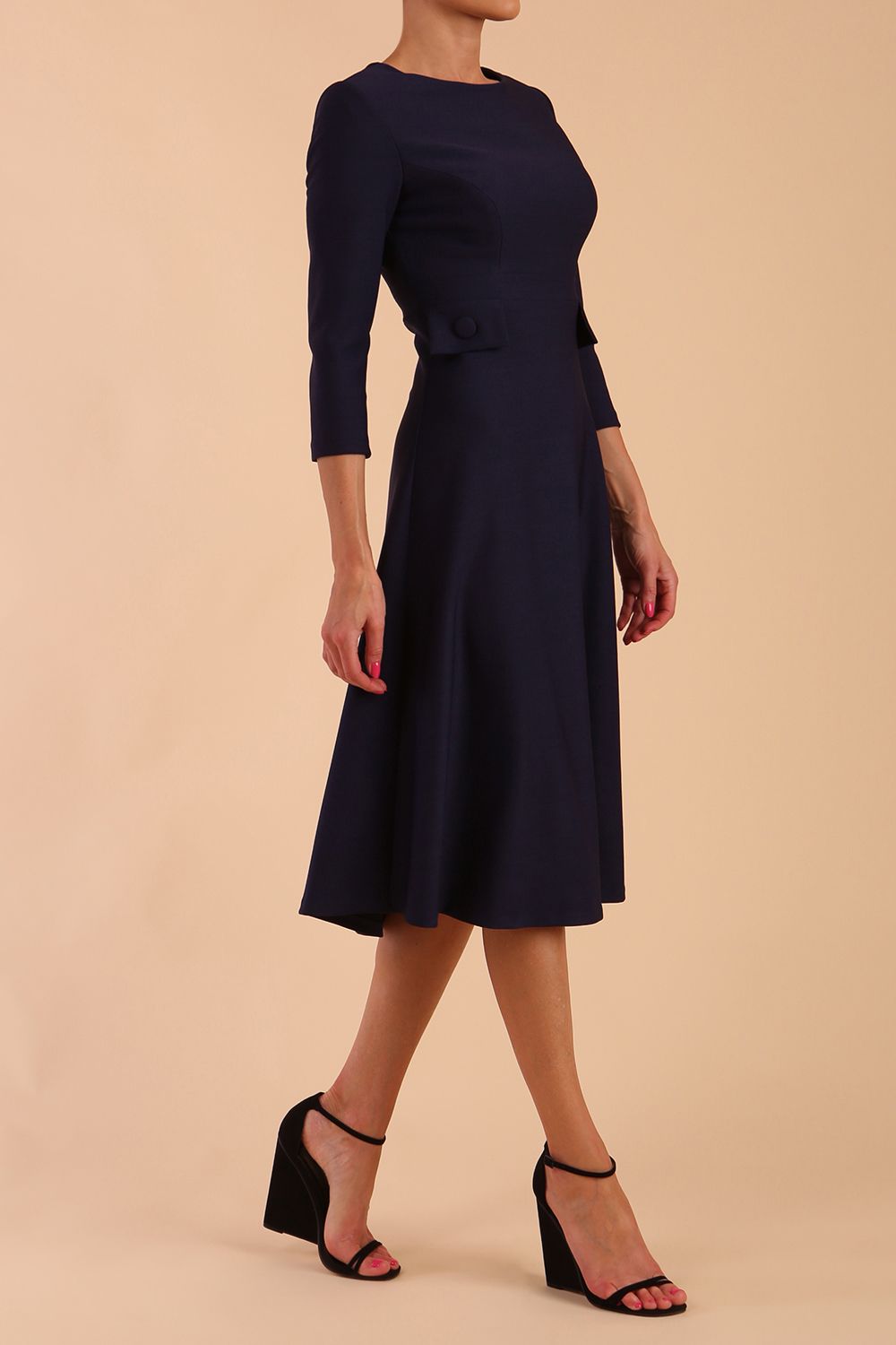 Model wearing diva catwalk Gresham 3/4 Sleeve Knee Length A-Line Dress in Navy Blue side