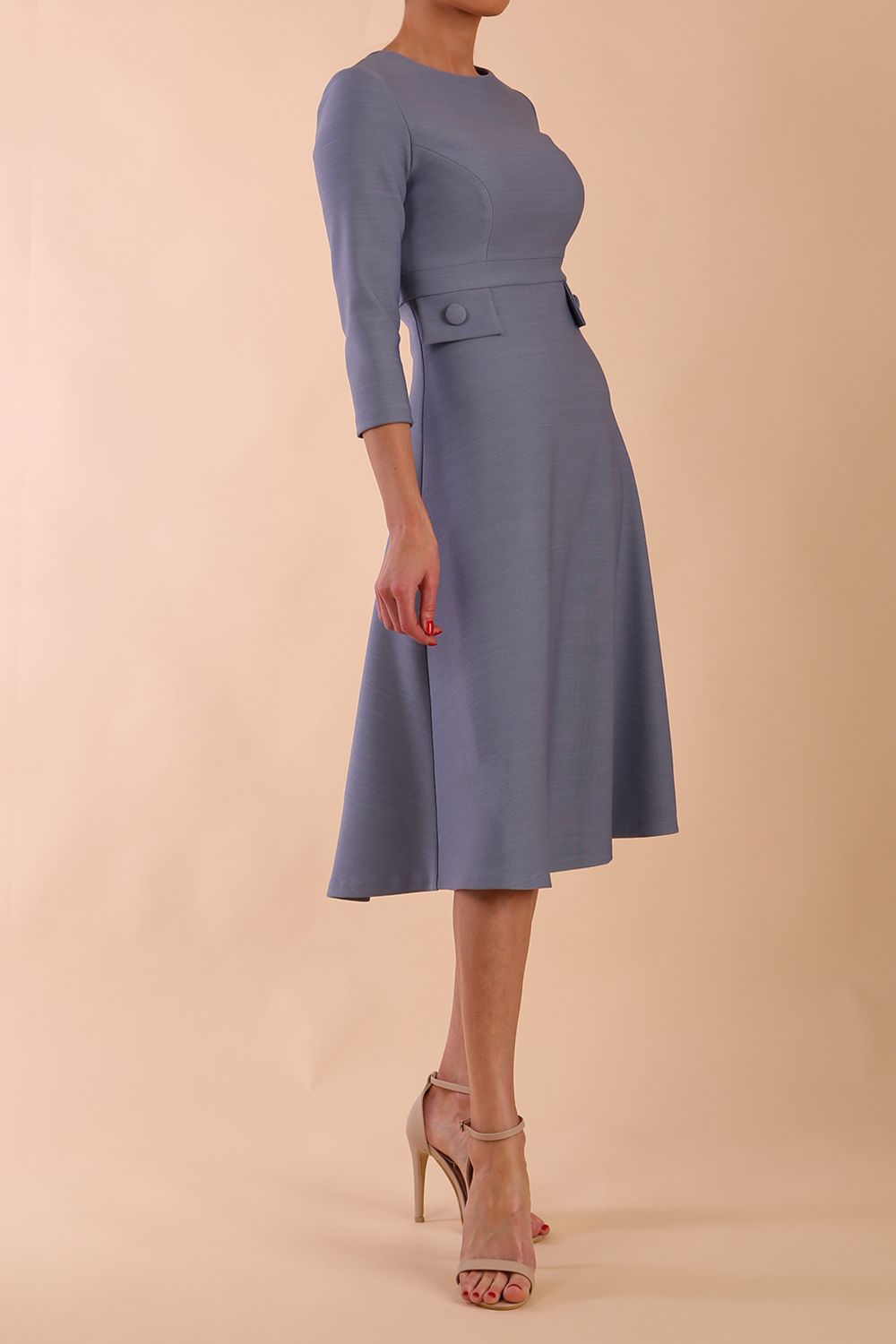 Model wearing diva catwalk Gresham 3/4 Sleeve Knee Length A-Line Dress in Steel Blue side