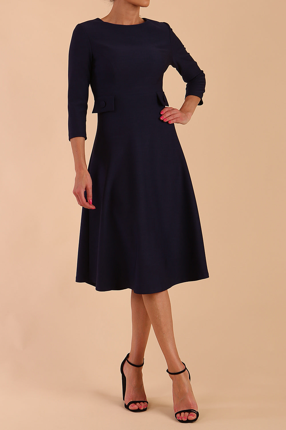 Model wearing diva catwalk Gresham 3/4 Sleeve Knee Length A-Line Dress in Navy Blue front