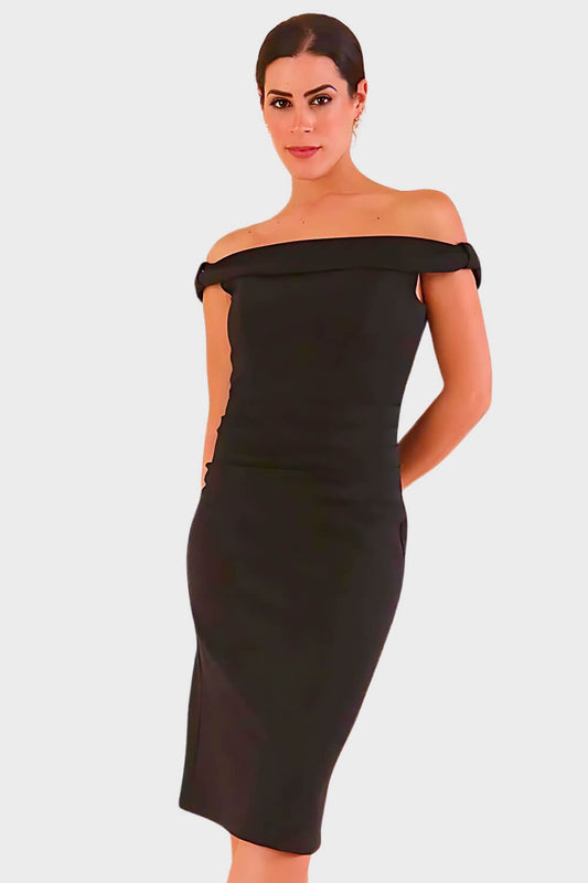 model wearing diva catwalk cloud pencil fitted flattering dress off shoulder sleeveless with detail with pleating around the front in black front